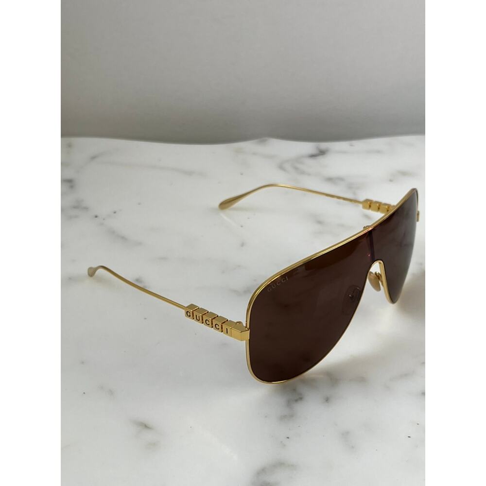 NEW Gucci GG1436S Gold Metal Shield Brown Sunglasses $640 - Picture 4 of 8